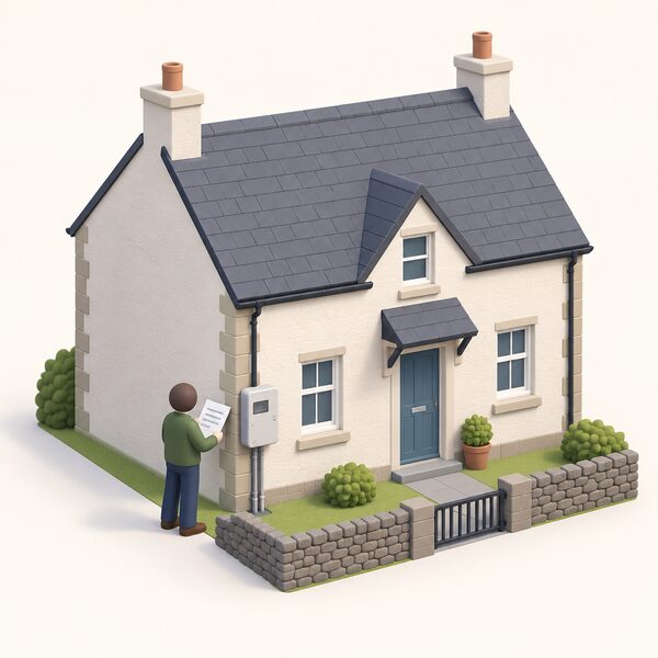A small Scottish house with an external electricity meter box on the outside wall, a simplified figure standing beside it as the household receiving the discount automatically through their energy supplier, with a plain letter shown as blank lines.