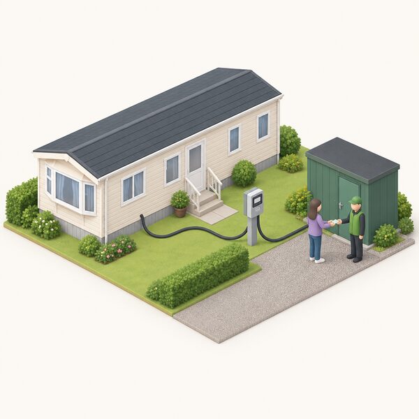 A simplified isometric park home on a site with a cable running from a small metered supply post near the home to the site owner's utility hut, with a resident figure handing payment to the site owner figure beside the hut, showing the resident buys electricity from the site owner rather than a direct supplier.