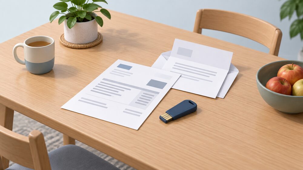 A small kitchen table holding a blank electricity bill and an opened letter lying flat, with a prepayment meter top-up key resting beside them, suggesting the moment a household receives or applies for a credit on its electricity account.
