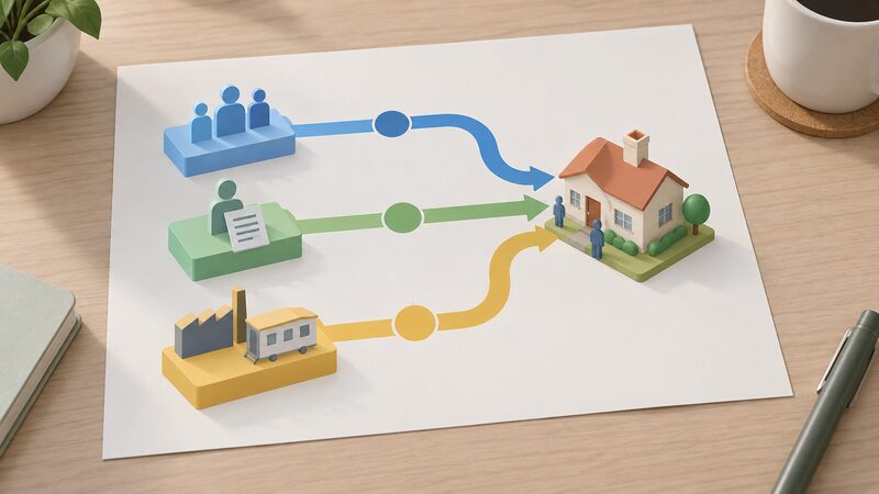 A printed diagram sheet showing three separate routes as plain colour-coded paths from a supplier block, a household application block and an industry initiatives block, all converging on a single small house representing the same rebate.