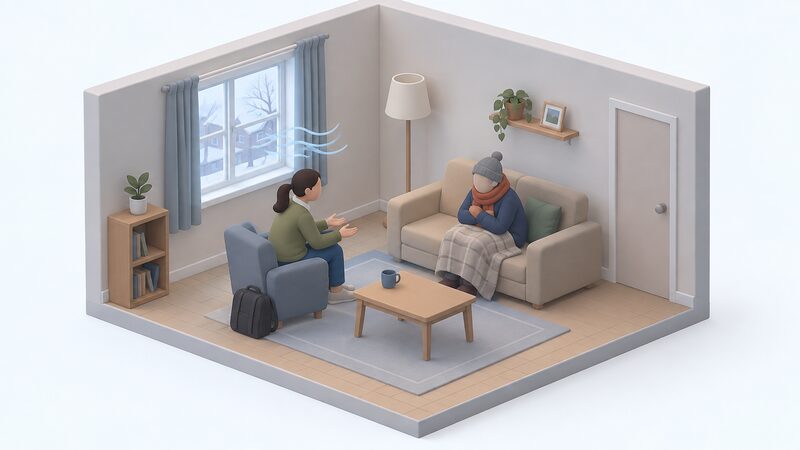 A health visitor in plain clothing sits talking with a resident in a cold, sparsely furnished living room, gesturing as they discuss a referral, with a visible draughty window and no heating on, conveying the frontline-worker start of the programme rather than any form-filling.