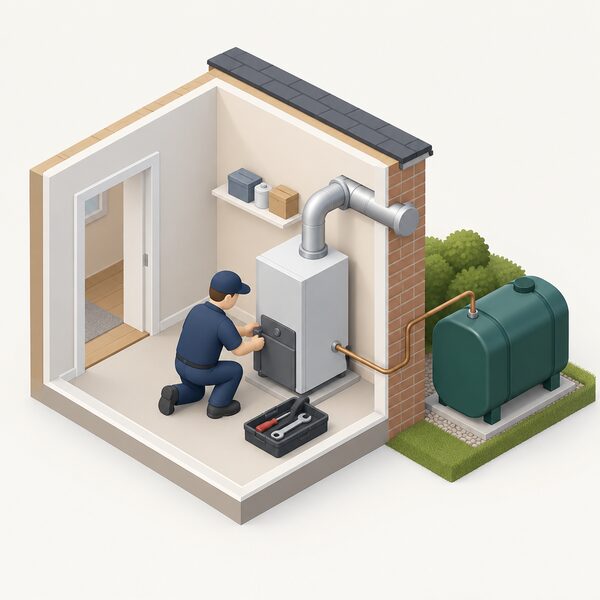 A small isometric engineer in plain work clothing kneels beside a domestic oil-fired boiler inside a home, service tools laid out nearby, with the boiler's oil supply line and flue passing through the wall to an oil tank outside.