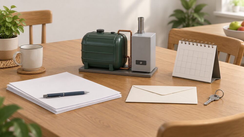 A kitchen table in a home holds a small model of an oil-fired boiler beside blank application paperwork, a sealed envelope, a house key and a calendar, suggesting a household waiting for a warmth scheme that is not yet open to them.