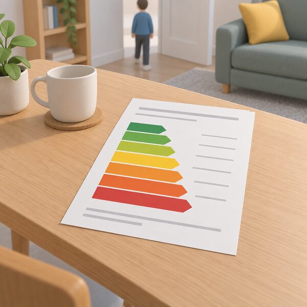 A plain energy rating certificate shown as a physical document lying on a table in a social home, drawn as a sheet with a plain colour band chart of rating bands and blank lines instead of any readable words or figures.
