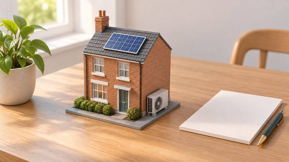 A small model of a terraced house with a solar panel on its roof and a heat pump unit at its side, standing on a wooden table beside a blank official document, a pen and a small potted plant, in soft daylight from a nearby window.