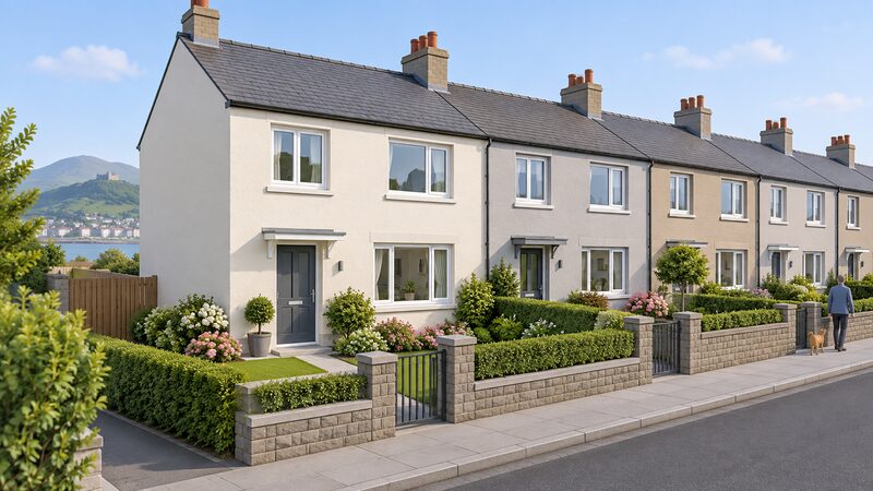 A row of Welsh terraced social homes on a street, the nearest home shown with new double-glazed windows and a smooth external wall insulation finish, with a tidy garden and attractive outside space in front.