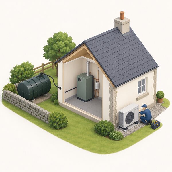 An isometric view of a rural off-gas-grid home with an oil-fired boiler inside connected to an oil tank outside, while an installer fits an air-to-water heat pump unit beside the house to replace the old oil heating system.