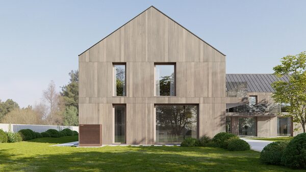 A modern timber-clad house with a heat pump outdoor unit mounted on its exterior wall