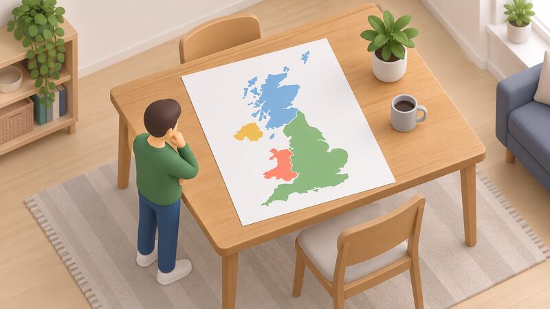 A simplified map of the United Kingdom drawn as a printed sheet, with each of the four nations shaded in a different plain colour to show that the applicable home energy grant scheme differs by nation, resting on a table beside a small isometric figure looking at it.