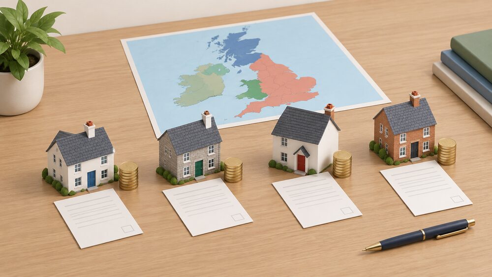 Four small model houses standing in a row on a wooden table, each beside a blank application form and a small stack of coins, with a paper map of the British Isles laid flat behind them and a pen resting on the table edge.