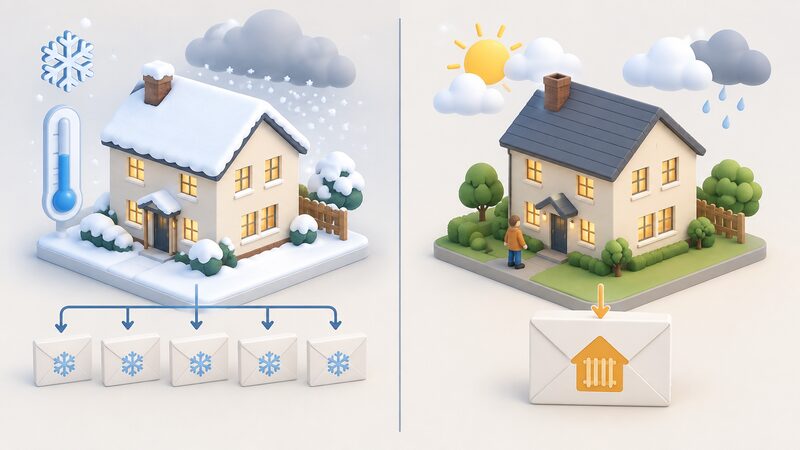 A two-panel comparison diagram: on the left, a house under a cold snap with a thermometer and a row of several small weekly payment envelopes; on the right, the same house in mixed weather with a single larger annual payment envelope, showing the trigger replaced by one guaranteed sum.