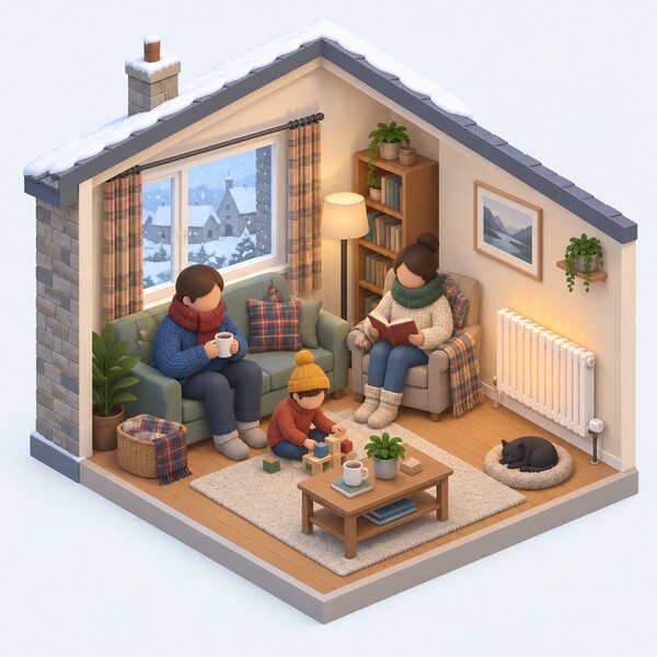 A family household indoors in a Scottish home on a cold winter day, with a radiator on and thick clothing, showing them spending more hours at home needing warmth.