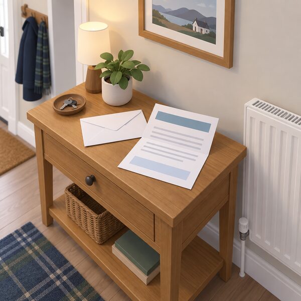 A letter lying on a hallway table in a Scottish home, shown as a physical envelope and opened sheet with blank lines and plain colour bands, beside a radiator, indicating the advance notice sent before most Pension Age Winter Heating Payments.