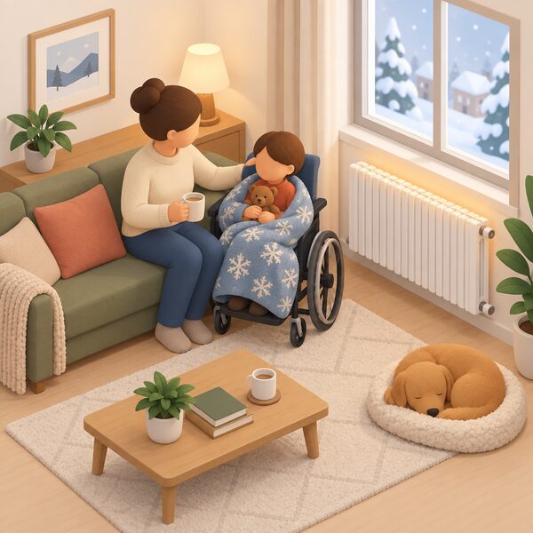 A disabled child seated indoors in a warm living room during winter, wrapped in a blanket beside a radiator, with a parent nearby, showing a household where higher heating need is met without any application process.