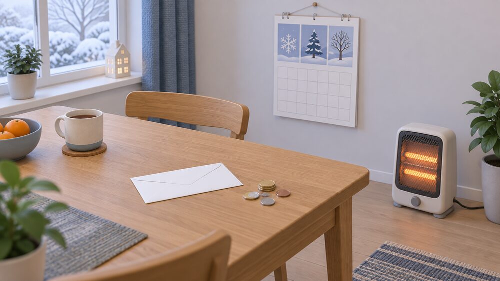 A kitchen table in winter daylight with a plain white letter lying beside a small pile of coins, a wall calendar showing a winter month, and a compact electric heater standing on the floor nearby.