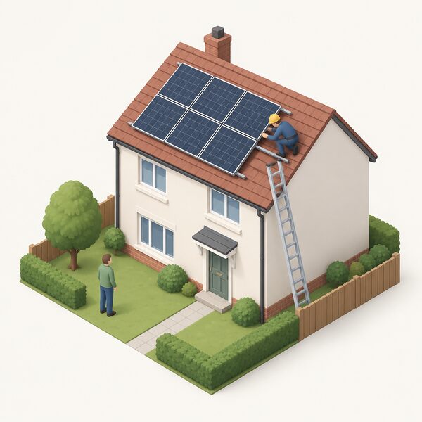 An installer in plain work clothing fits a solar panel array on the roof of a simple detached house, with a second small isometric figure watching from the garden below, showing a household taking up a low carbon measure in its local area.