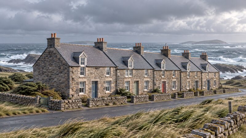 A windswept terraced street of traditional stone-built island houses under a grey exposed coastal sky, with wind-bent grass and a rough sea horizon behind the rooftops, showing the hard-weather rural housing stock that drives the area-level fuel poverty gap.