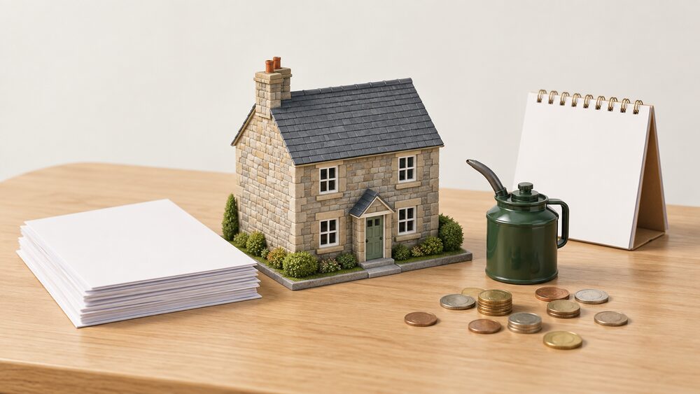 A small model of an older detached stone house with a chimney sits centrally on a table, beside a stack of blank paperwork, a small oil can and a scatter of coins, with a blank calendar card leaning behind them.