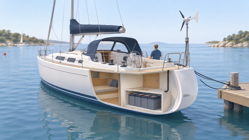 A small wind turbine on a short mast at the stern of a moored yacht, with a cutaway view of the hull below showing a battery locker containing a battery bank connected by cable up to the turbine.