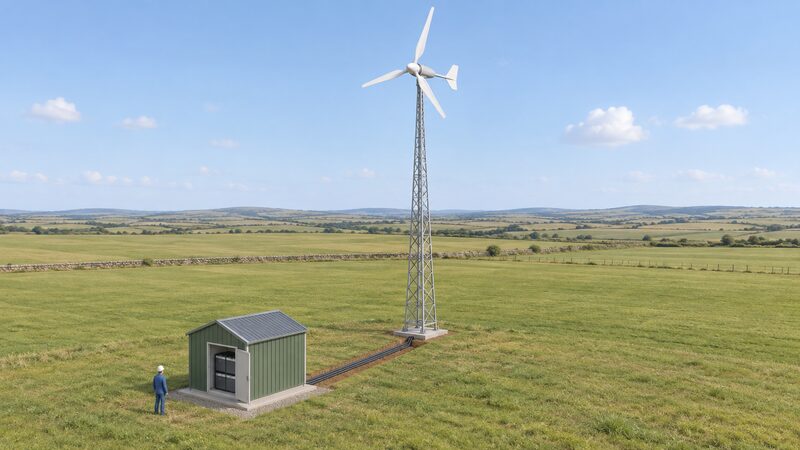 A small pole-mounted wind turbine with a three-blade rotor on a tall lattice mast standing in open, exposed farmland, with a small battery shed in the foreground connected by a buried cable route.