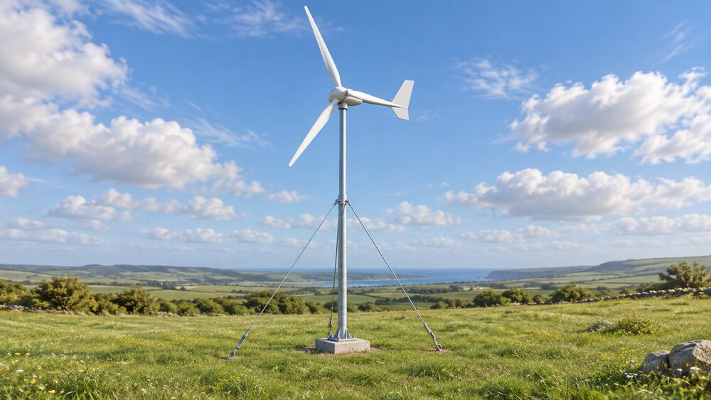 A small pole-mounted Ampair 600 wind turbine with long blades on a slim freestanding mast, standing alone in a clear open grassy field under a windy sky, with its guyed mast base and foundation visible at ground level.