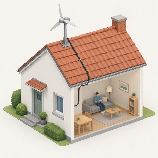 A small three-bladed wind turbine on a short mounting pole fixed to the pitched tiled roof of a simple house, with a cable running down the roof into the building, drawn as a simplified isometric scene.