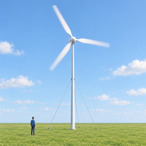 A small free-standing wind turbine with three long blades on a slender guyed-free pole mast, standing alone in open grassy ground with no trees, buildings or hills nearby, blades turning in a light breeze under an open sky.