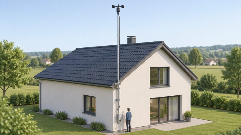 A small cup anemometer on a slim mast rising well above a house roofline, clear of nearby trees and buildings, with a cable running down the mast to a small data logger box mounted at the mast's base.