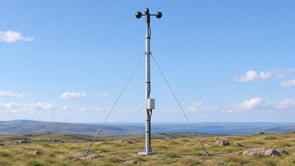 A cup anemometer mounted at the top of a slim guyed mast, shown close up against open sky, with a small weatherproof data-logger box fixed lower on the mast and its cable running up to the gauge, standing clear of any trees or buildings.