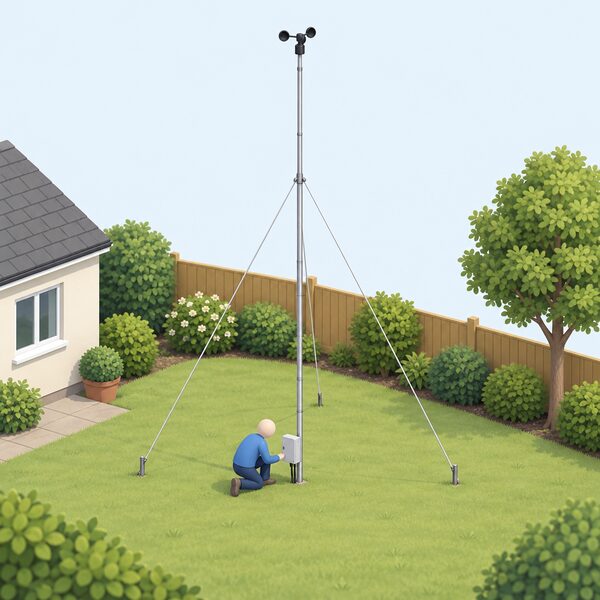 A small anemometer cup gauge mounted at the top of a slim guyed mast in a domestic garden, standing alone in the intended turbine spot with no turbine present, while a simplified figure checks the recording box at the mast base.