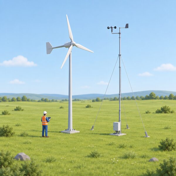 An open grassy site where a small free-standing wind turbine on its tower stands beside a slim guyed measurement mast carrying anemometers at the top, with a small data logger box at its base, showing the wind being recorded at the exact spot before installation.
