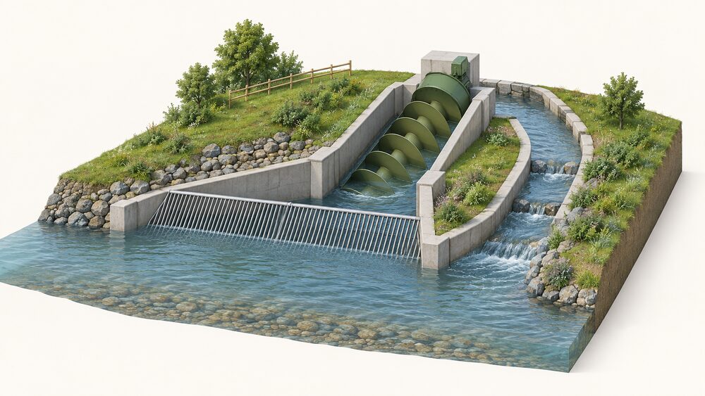 A large slow-turning Archimedean screw turbine set in an open channel on a river, with a wide coarse bar screen across its intake and a separate bypass channel running alongside so fish can pass the machine, all shown in a cutaway of the riverbank scheme.