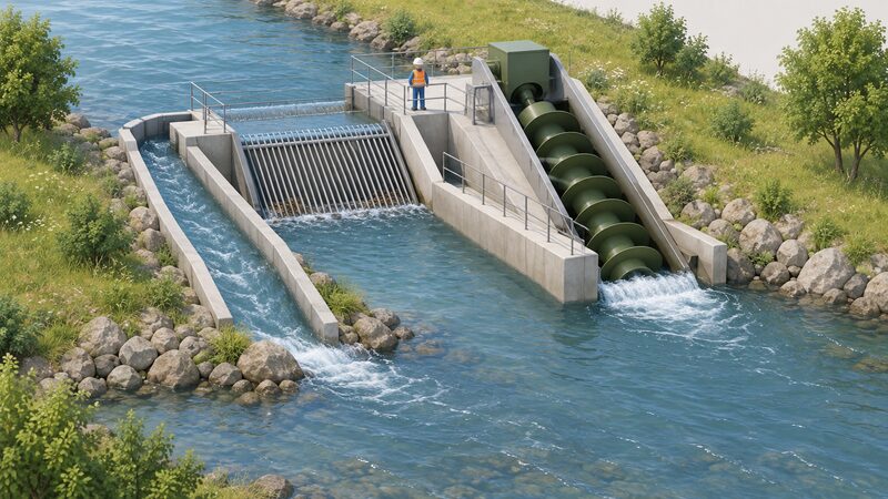A low-head Archimedean screw hydro intake on a riverbank, with a coarse angled bar screen across the intake channel and a narrow bypass channel running to one side returning fish-laden water to the river downstream.