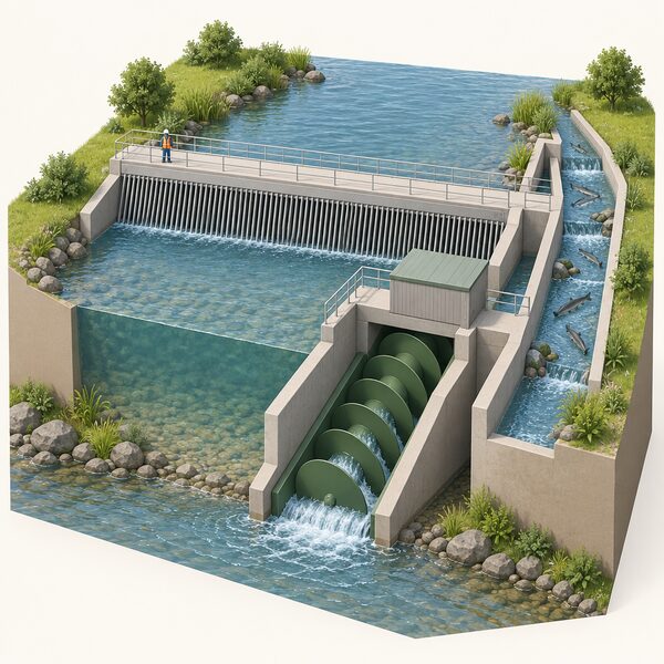 A wide, shallow river intake on a low-head hydropower scheme, with a rack of spaced vertical bars across its face and a separate bypass channel running alongside it, carrying water and fish around past the Archimedean screw turbine housed below the intake structure.