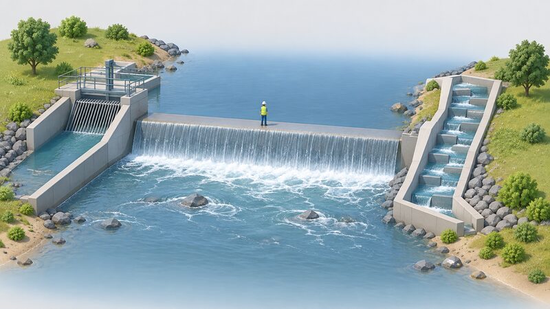 A simplified isometric view of a river weir with a screened hydro intake channel on one bank and a stepped fish pass rising on the opposite bank, with a small figure of an inspector standing on the weir crest looking between the two structures.