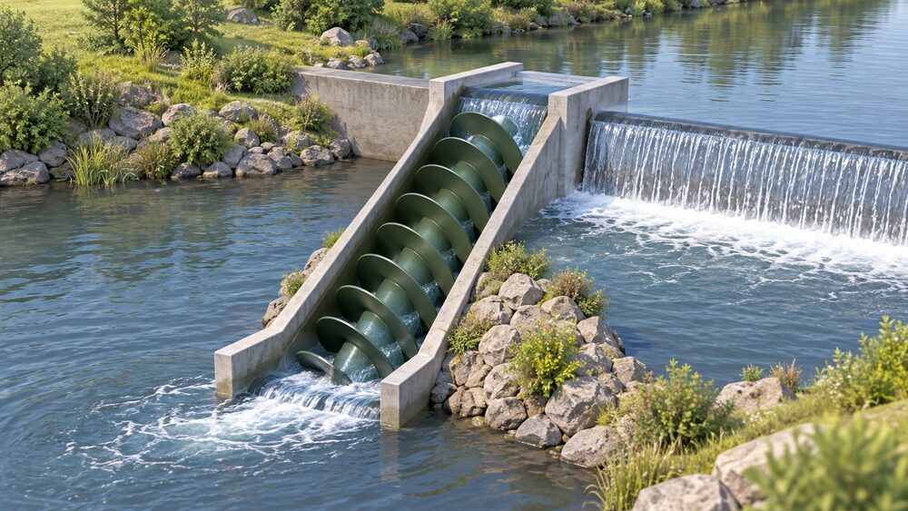 A large Archimedes screw turbine set into a low-head channel at a river weir, its helical rotor visible in an open trough with water entering at the top and leaving at the bottom, a small drop between the upstream water level and the outflow below.