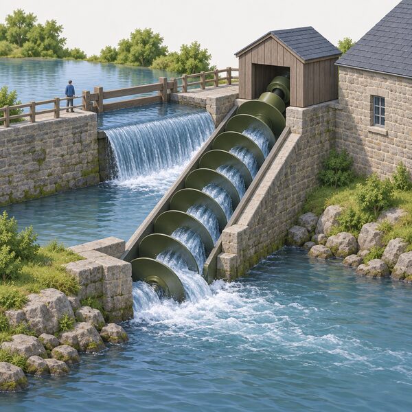 An inclined Archimedes screw installed at an old stone mill weir on a river with a modest fall, its lower end in the tailwater and upper end fed from the impounded upstream level, water visibly falling through the helical flights as the rotor turns.