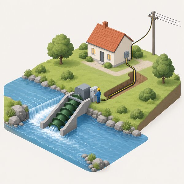 A small Archimedes screw turbine beside a river, connected by an underground cable to a nearby house and onward to an overhead grid line, with a simplified isometric figure inspecting the connection box at the turbine.