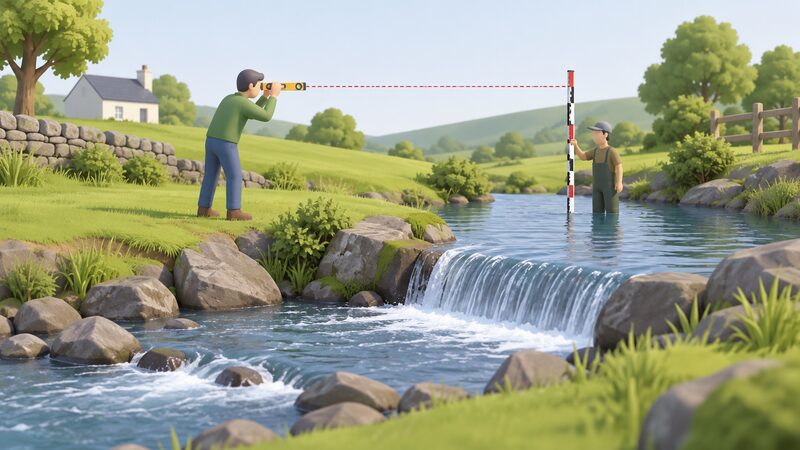 A householder standing on the bank of a small river holds a surveyor's staff vertically in the water while using a hand level to sight the difference between the upstream water surface and the lower downstream level, showing the vertical drop being measured before any hydro equipment is installed.