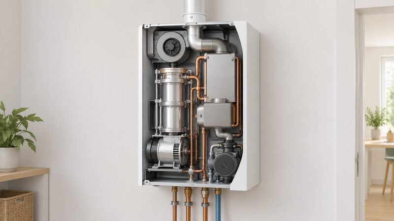 A wall-mounted boiler with its front casing partly removed, revealing the Stirling engine assembly with its attached generator mounted beside the burner and heat exchanger, with the flue and pump also visible inside the casing.