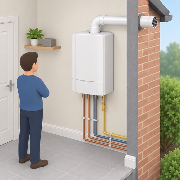 A wall-mounted gas micro-CHP boiler of the Ecogen 24/1.0 type fixed to an indoor wall of a home, shown as a white upright unit with gas and water pipework and a flue through the external wall, with no other boiler variants in view.