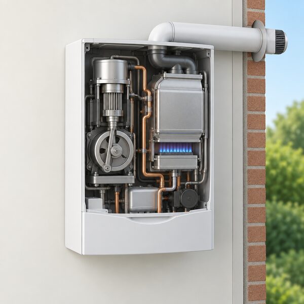 A cutaway view of a wall-mounted condensing boiler with a Stirling engine unit visible inside the casing, showing the engine attached alongside the burner and heat exchanger, with the flue passing through the external wall behind it.