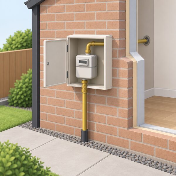 An outside house wall with a domestic gas meter box and the incoming gas supply pipe rising from the ground into the meter and continuing through the wall into the home, showing the mains gas connection the boiler still depends on.
