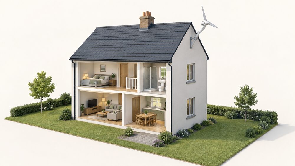 A small building-mounted wind turbine with two or three rotor blades fixed high on the gable wall of a detached house in an exposed, open setting, the machine sitting above the roofline but well clear of the chimney.