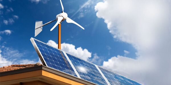A small domestic wind turbine and solar panels installed on a tiled house roof against a blue sky