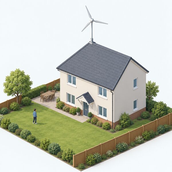A small building-mounted wind turbine on a pole above the ridge of a two-storey house, its blades sweeping clear above the roofline, with the garden below showing the boundary fence set well back from the house.