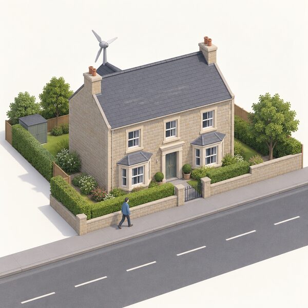 A detached house in a conservation area seen from the street, its front roof slope facing the highway, with no turbine on that slope, while a small building-mounted turbine sits on the rear roof slope facing away from the road.
