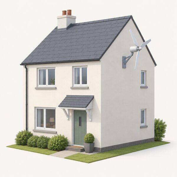 A small wind turbine mounted on the wall of a simple dwellinghouse, shown as the kind of building-mounted installation that in Wales requires a planning application rather than falling under permitted development rights.