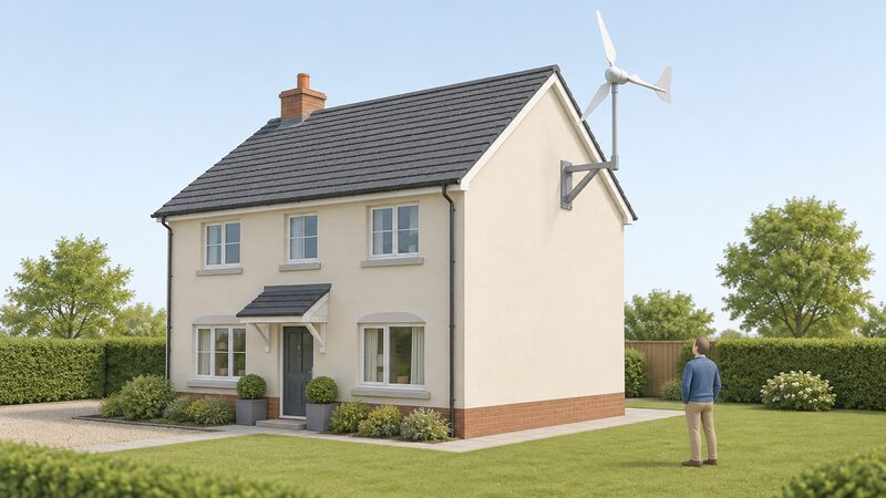 A small horizontal-axis wind turbine on a bracket fixed to the gable end of a two-storey detached house, its blades sweeping clear above the ridge line of the pitched roof.