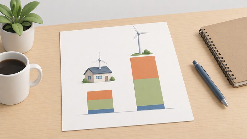 A printed cost comparison sheet lying on a table, drawn as an object with two plain stacked bar columns, one for a roof-mounted system and one for a pole-mounted system, each split into simple unlabelled blocks for mounting hardware, turbine and installation, with the pole column far taller.